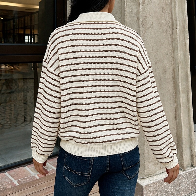 Striped Polo Collar Waffle Knit Sweater