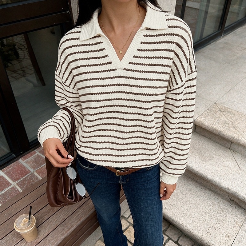 Striped Polo Collar Waffle Knit Sweater