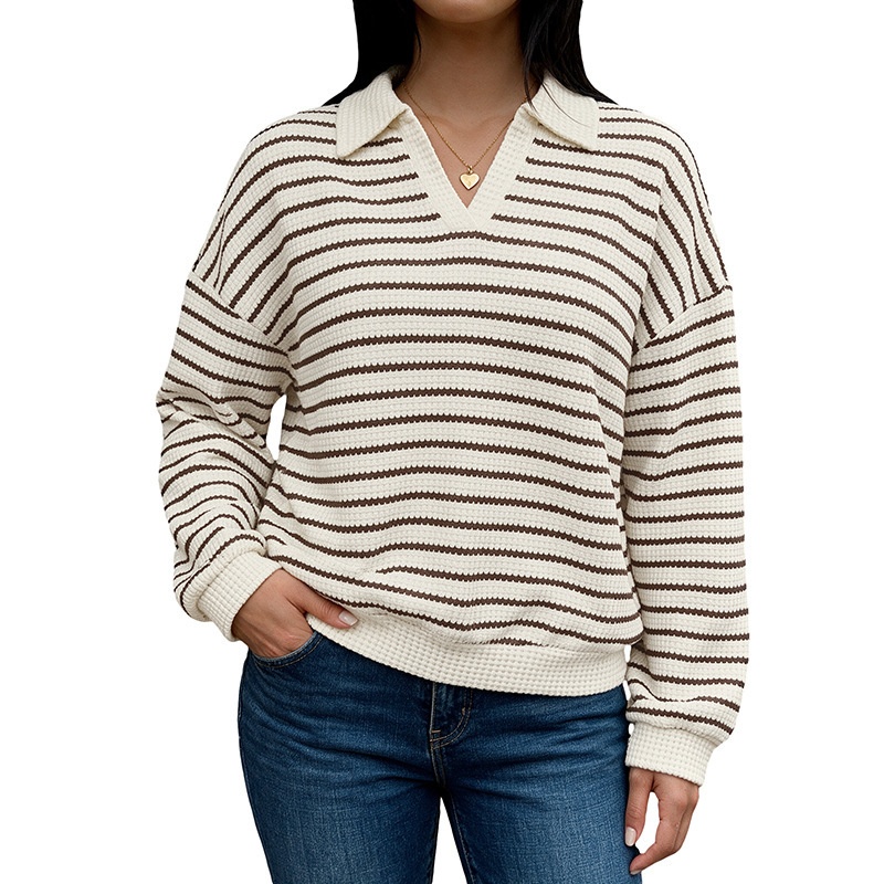 Striped Polo Collar Waffle Knit Sweater