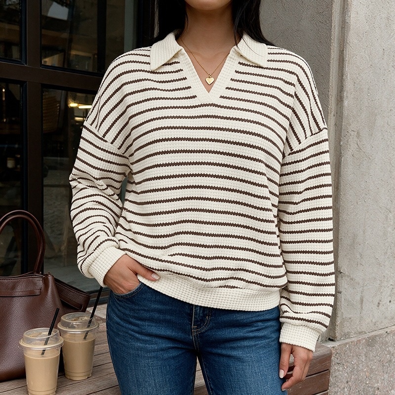 Striped Polo Collar Waffle Knit Sweater