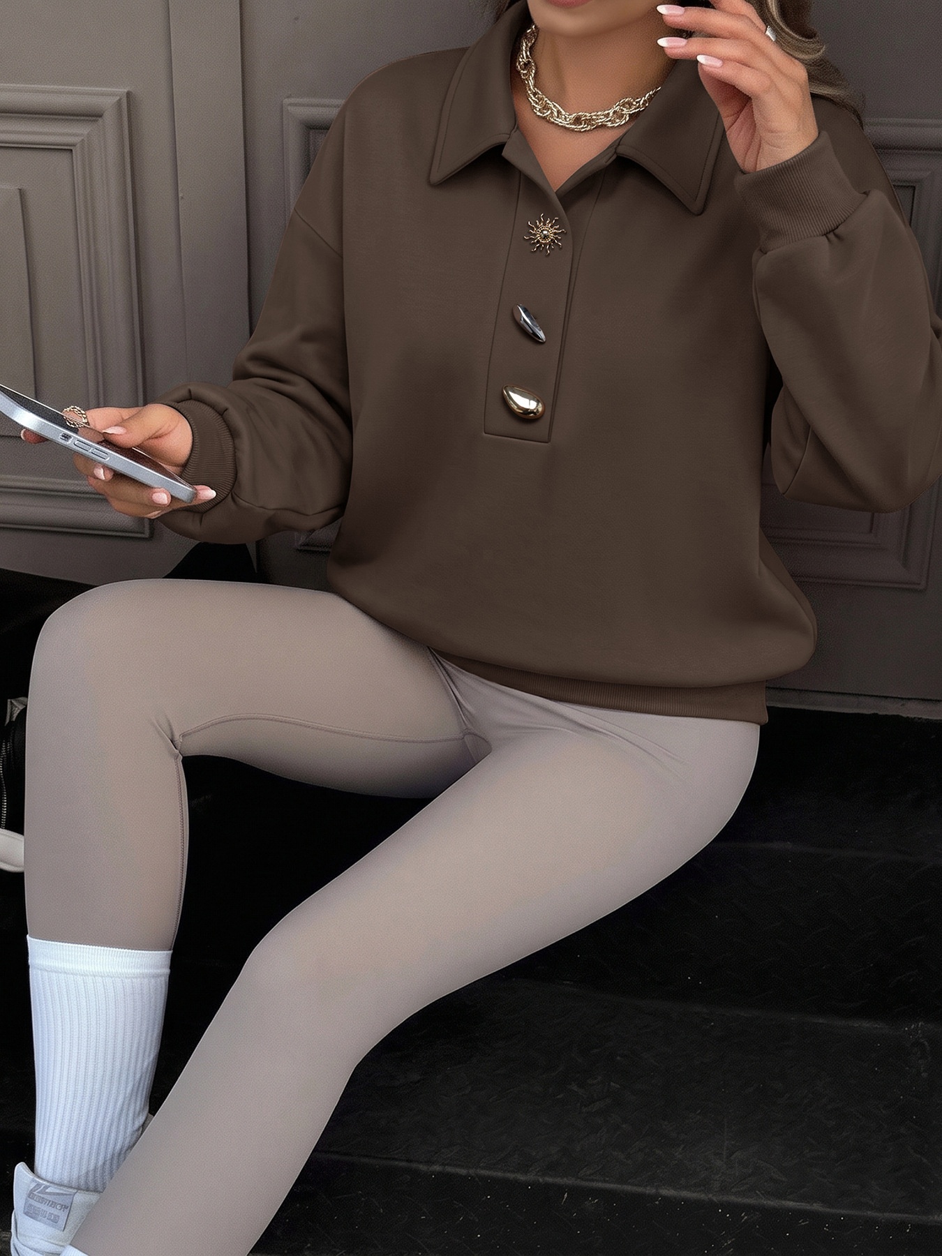 Women's Polo Collar Long Sleeve Pullover Sweatshirt