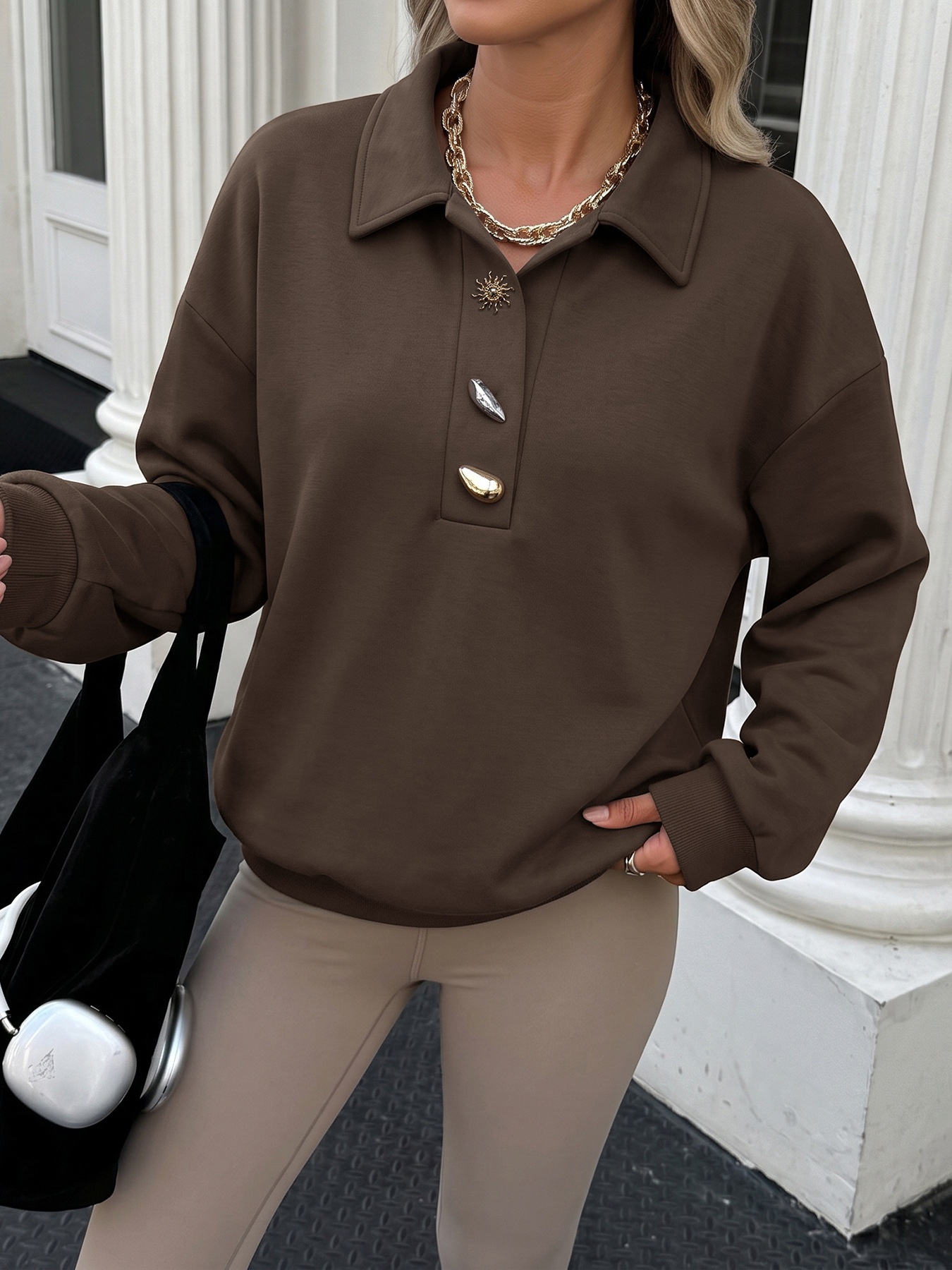 Women's Polo Collar Long Sleeve Pullover Sweatshirt