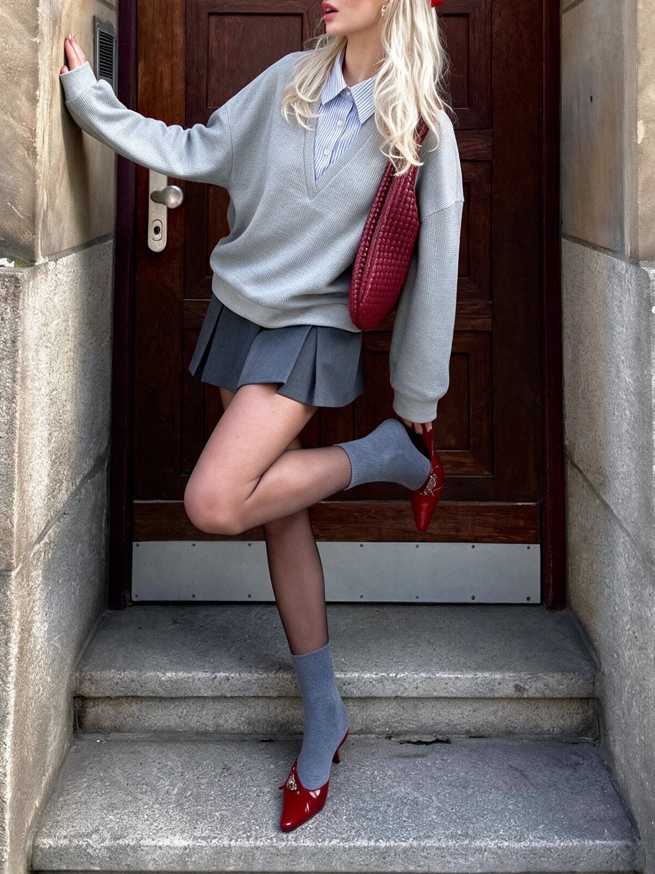 Women's 2-in-1 Layered Waffle Knit V-Neck Sweater