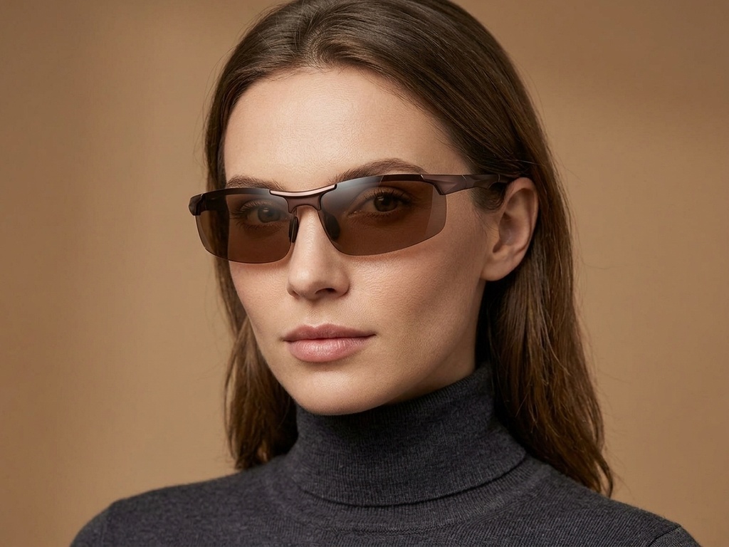 BS0205-0054_Brown_Semi-rimless_Aluminium_Sunglasses-tryon_female