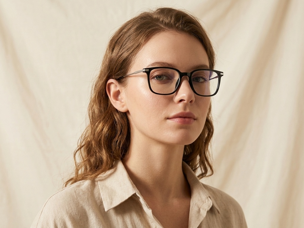 BS0218-0250_Black_Rectangular_Titanium_Glasses_corner-tryon_female
