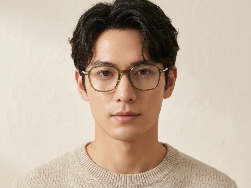 BS0218-0352_Green_Rectangular_Titanium_Glasses_corner-tryon_male