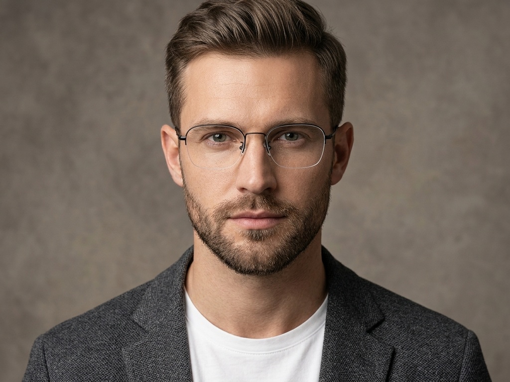 BS0406-0130_Black_Semi-rimless_Metal_Glasses-tryon_male