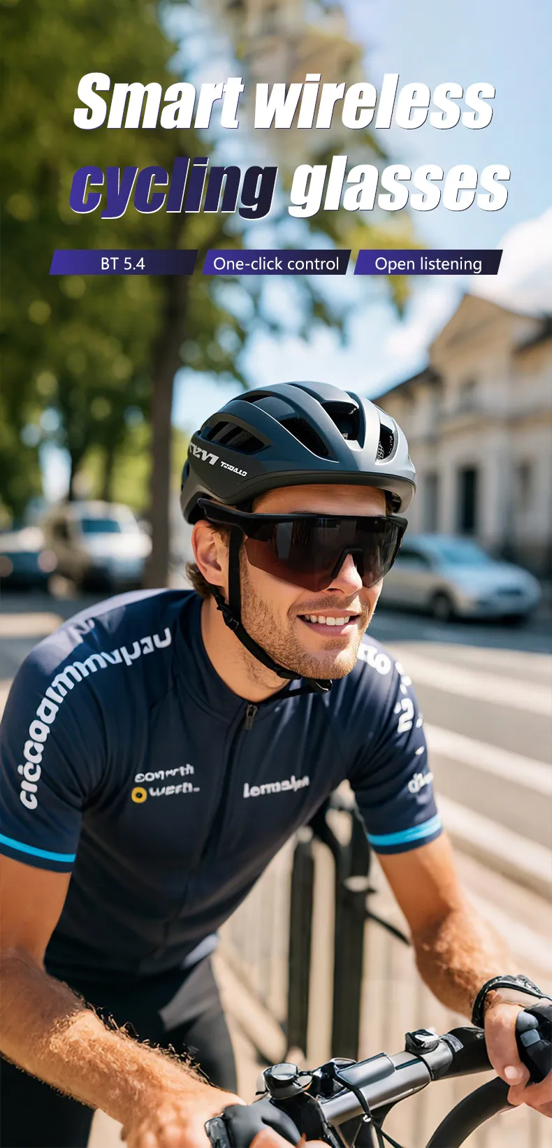Cyclist wearing QY Pro2 smart sport glasses