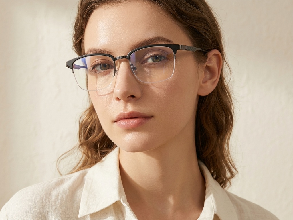 BS1913-0401_Black_Semi-rimless_Titanium_Glasses-tryon_female