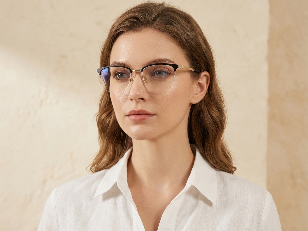 BS1913-0402_Black_Semi-rimless_Titanium_Glasses_corner-tryon_female
