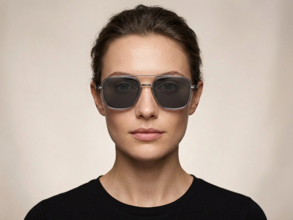 BS1913-0693_Grey_Aviator_Titanium_sunglasses-tryon_female