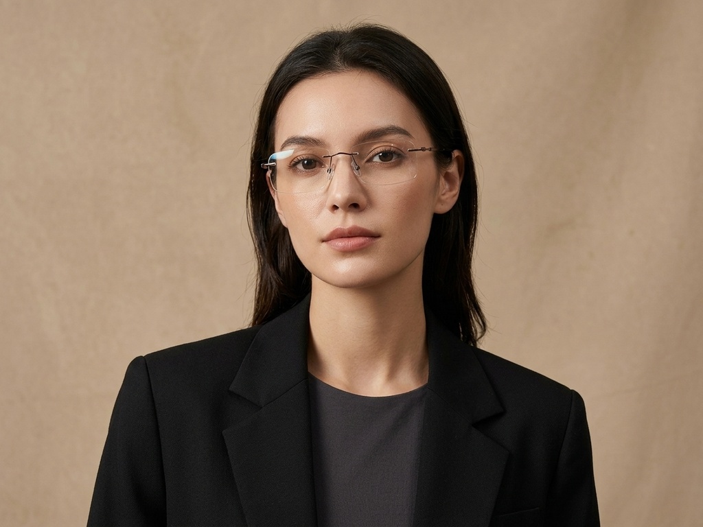BS2012-1701_Brown_Invisible_Titanium_Glasses_corner-tryon_female