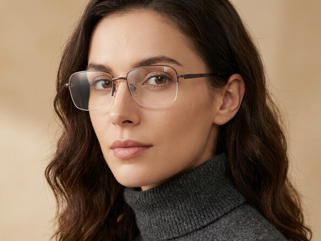 BS2012-1717_Brown_Semi-rimless_Titanium_Glasses_corner-tryon_female