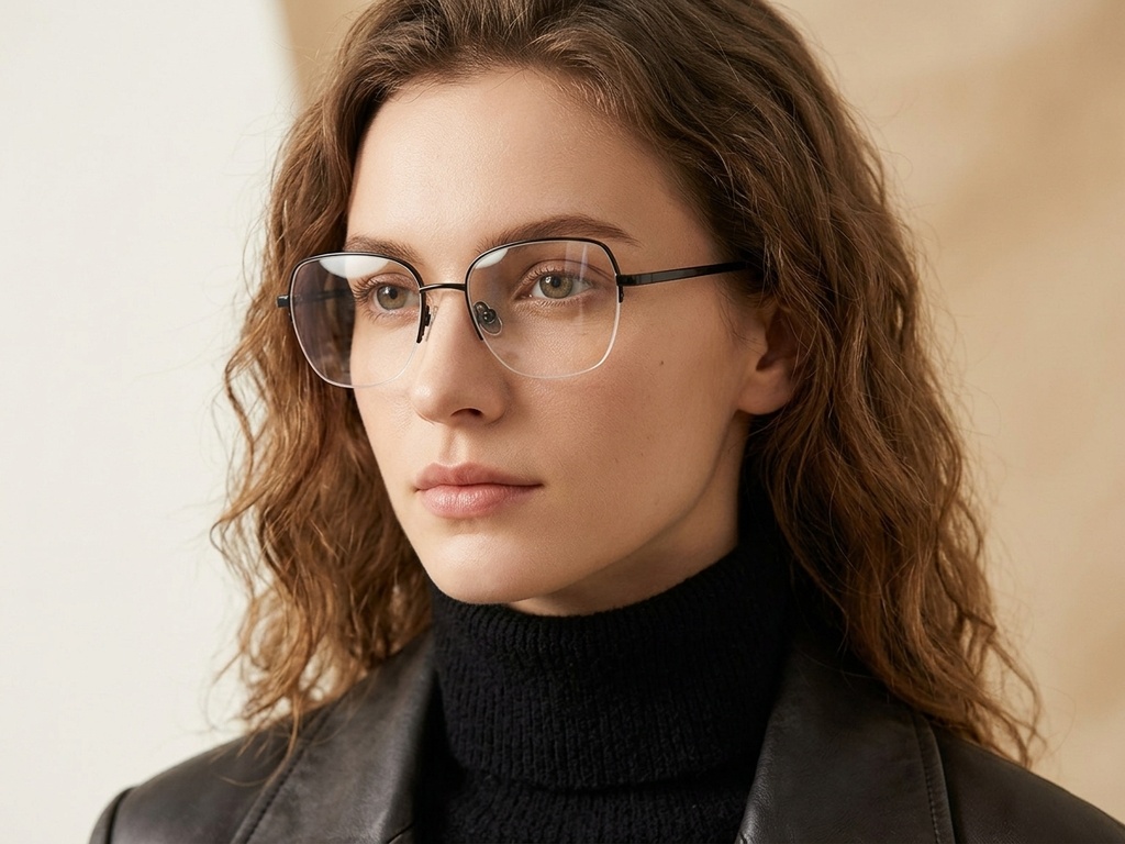 BS2012-1773_Black_Semi-rimless_Titanium_Glasses_corner-tryon_female
