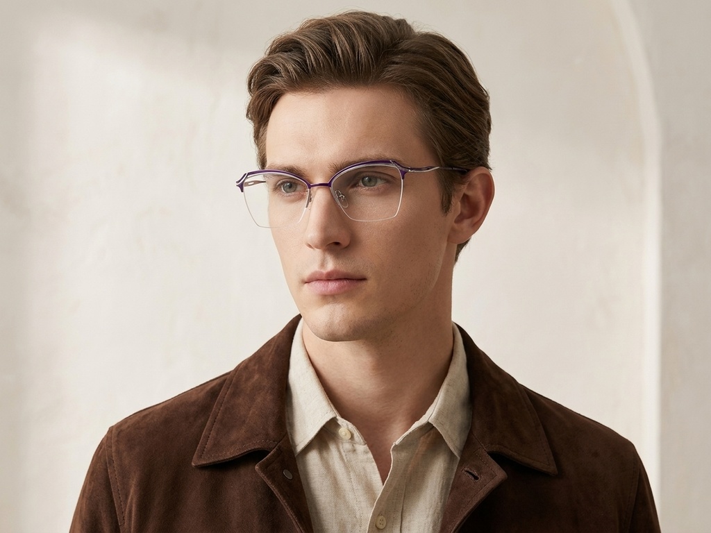 BS2012-3112_Purple_Semi-rimless_Metal_Glasses-tryon_male