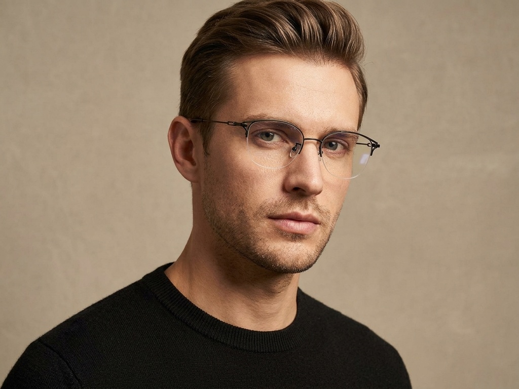 BS423-0636_Black_Semi-rimless_Titanium_Glasses-tryon_male