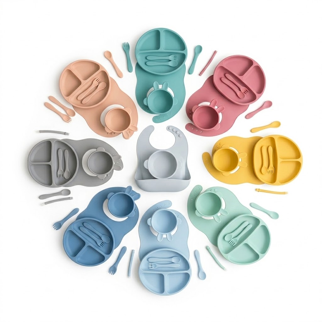 Set per la pappa del bambino in silicone da 7 pezzi con piattino a ventosa e bavaglino