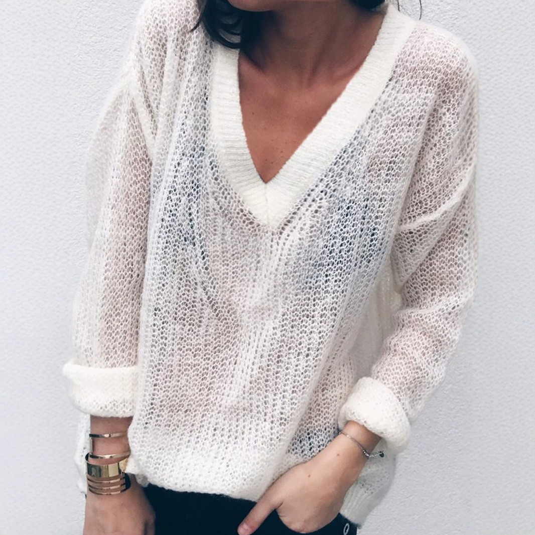 Women's Knit Sweater Long Sleeve V Neck Loose Fit Lightweight Pullover SSU-00063