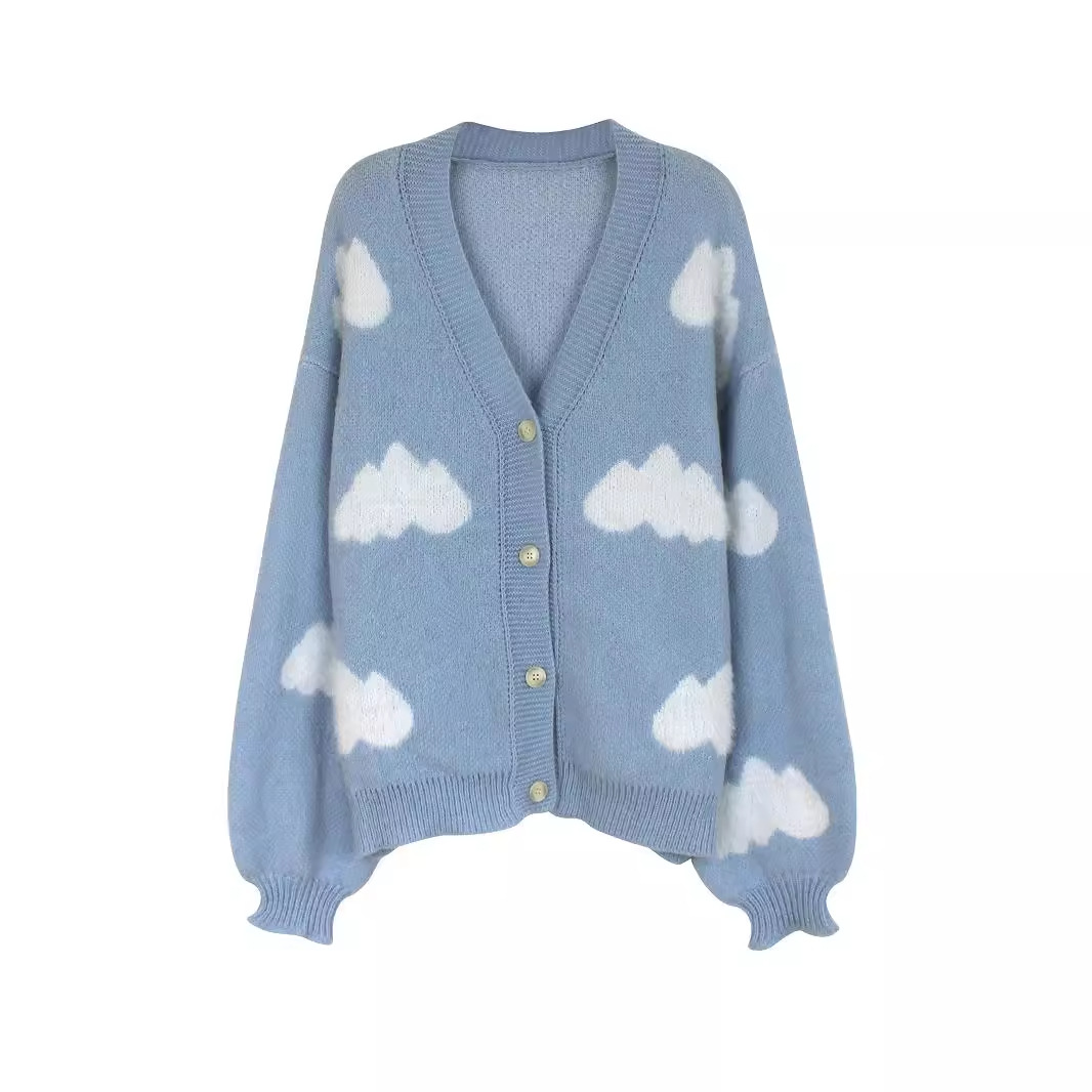 Women's Cloud Jacquard Cardigan Sweater Long Sleeve Knitwear