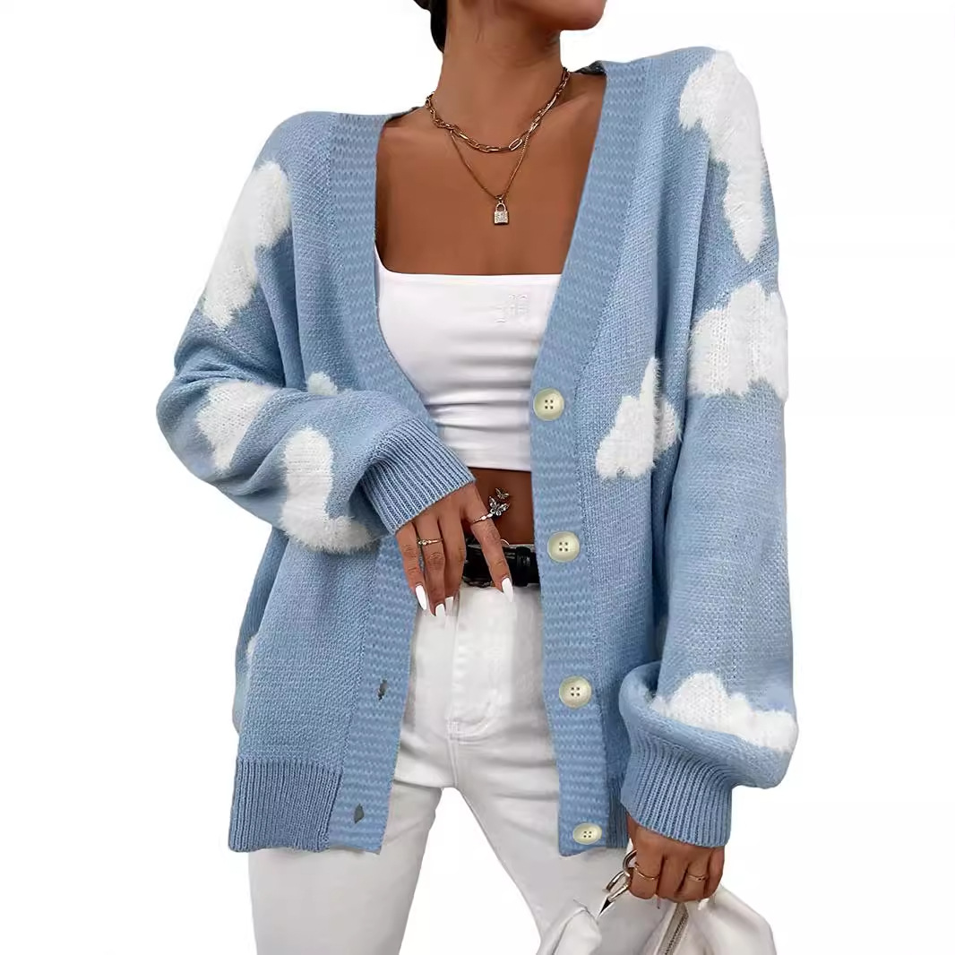 Women's Cloud Jacquard Cardigan Sweater Long Sleeve Knitwear