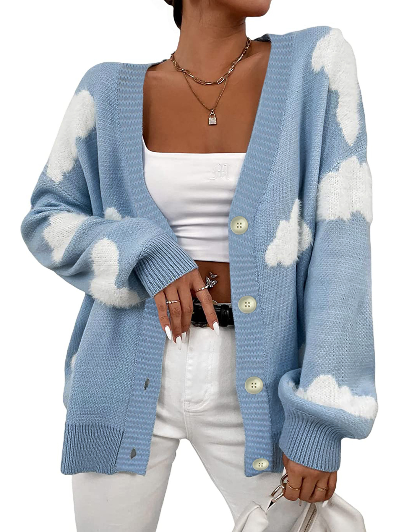 Women's Cloud Jacquard Cardigan Sweater Long Sleeve Knitwear