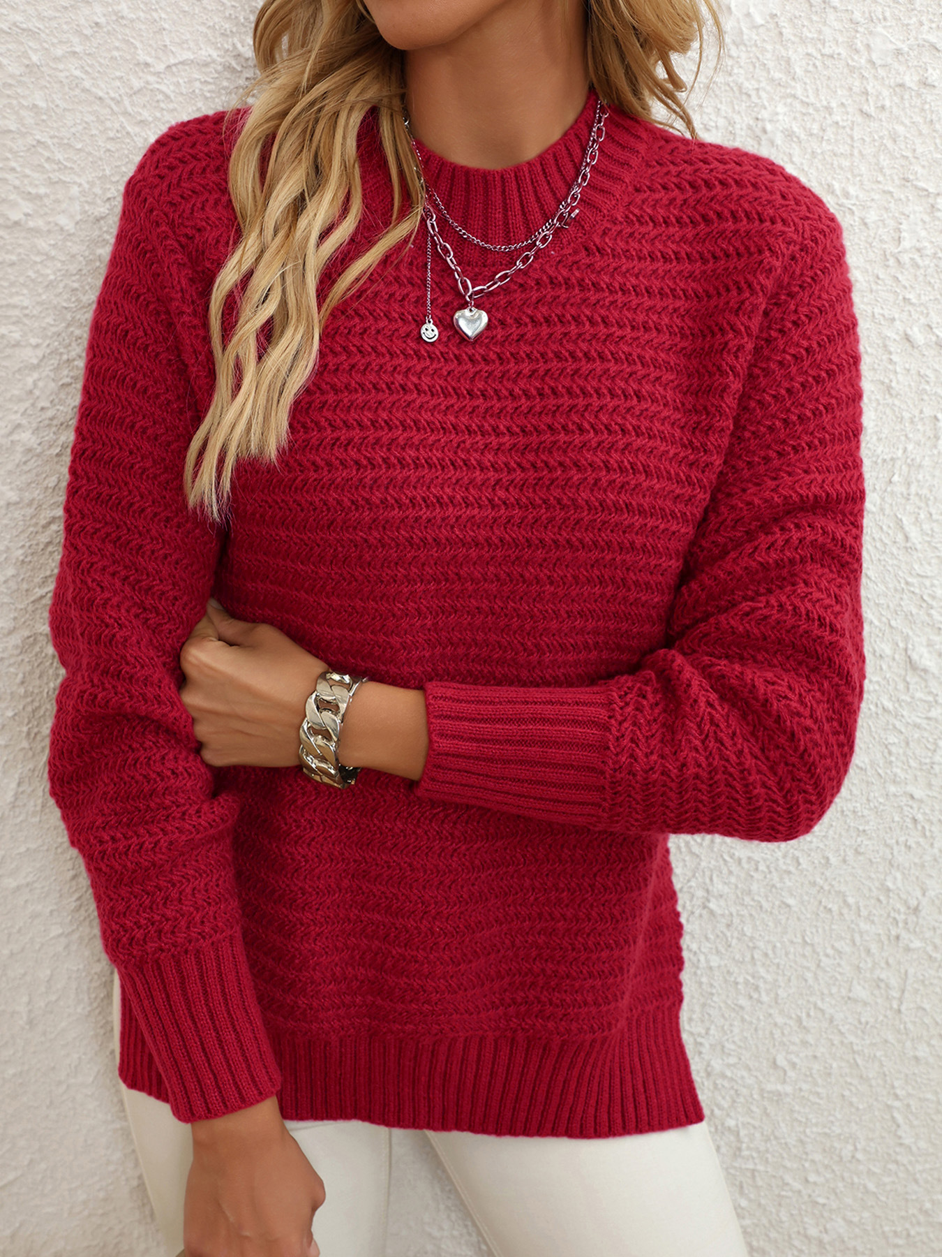 Women's Knit Sweater Long Sleeve Crewneck Slit Hem Pullover SSU-00078