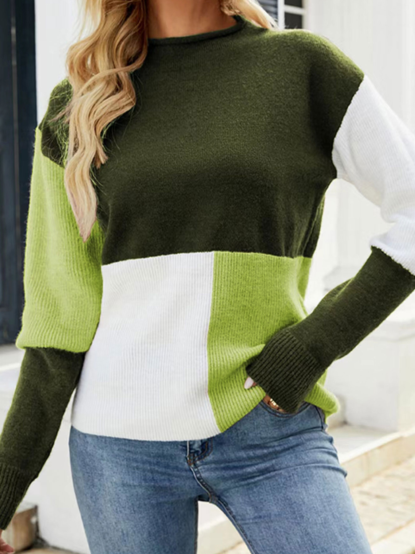 Modern Mixed Colorblock Sweater Drop Shoulder Relaxed Knit with Bold Contrast Design SSU-00066