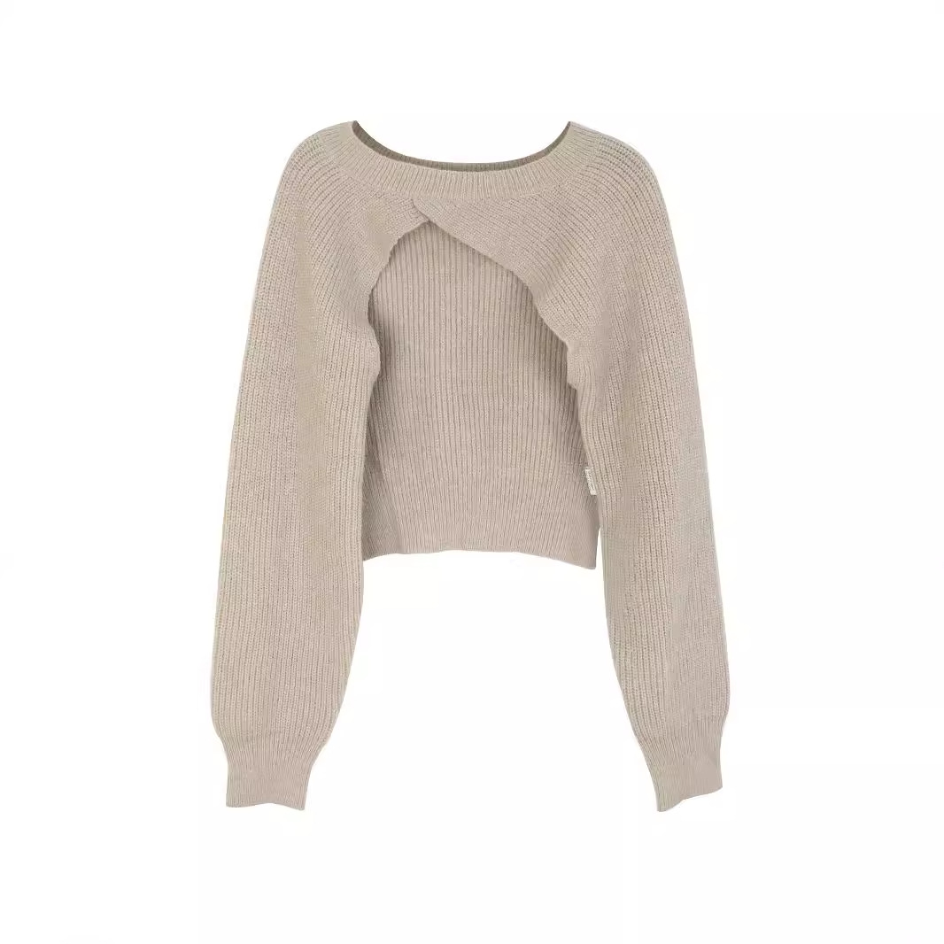 Knit Cropped Long Sleeve Pullover Top - Y2K Fashion SSU-00039