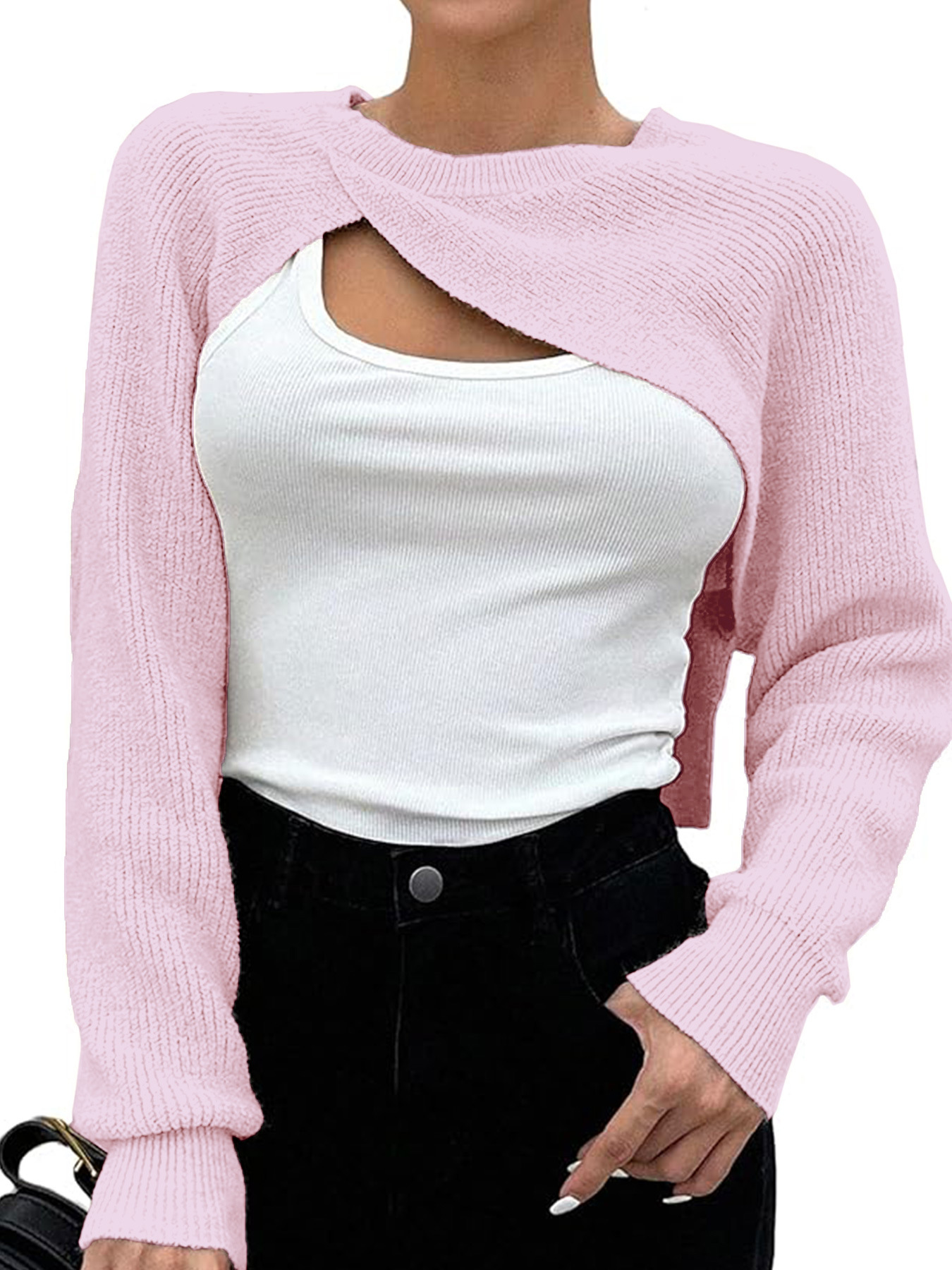 Knit Cropped Long Sleeve Pullover Top - Y2K Fashion SSU-00039