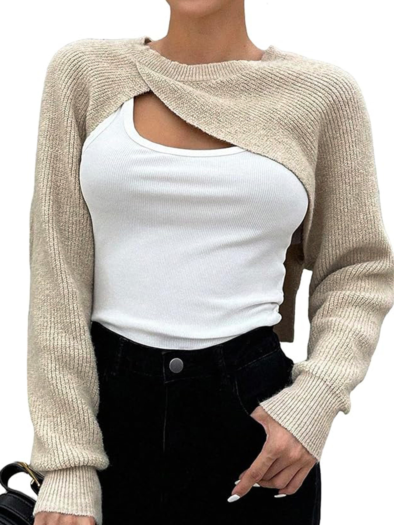 Knit Cropped Long Sleeve Pullover Top - Y2K Fashion SSU-00039