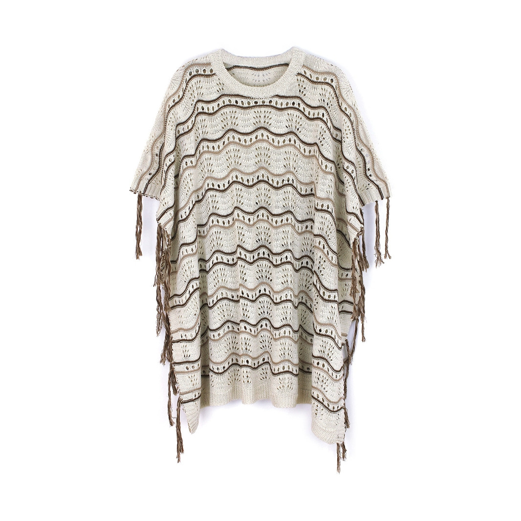 Elegant Beige Striped Lace Cardigan Oversized Mid Length Openwork Knit