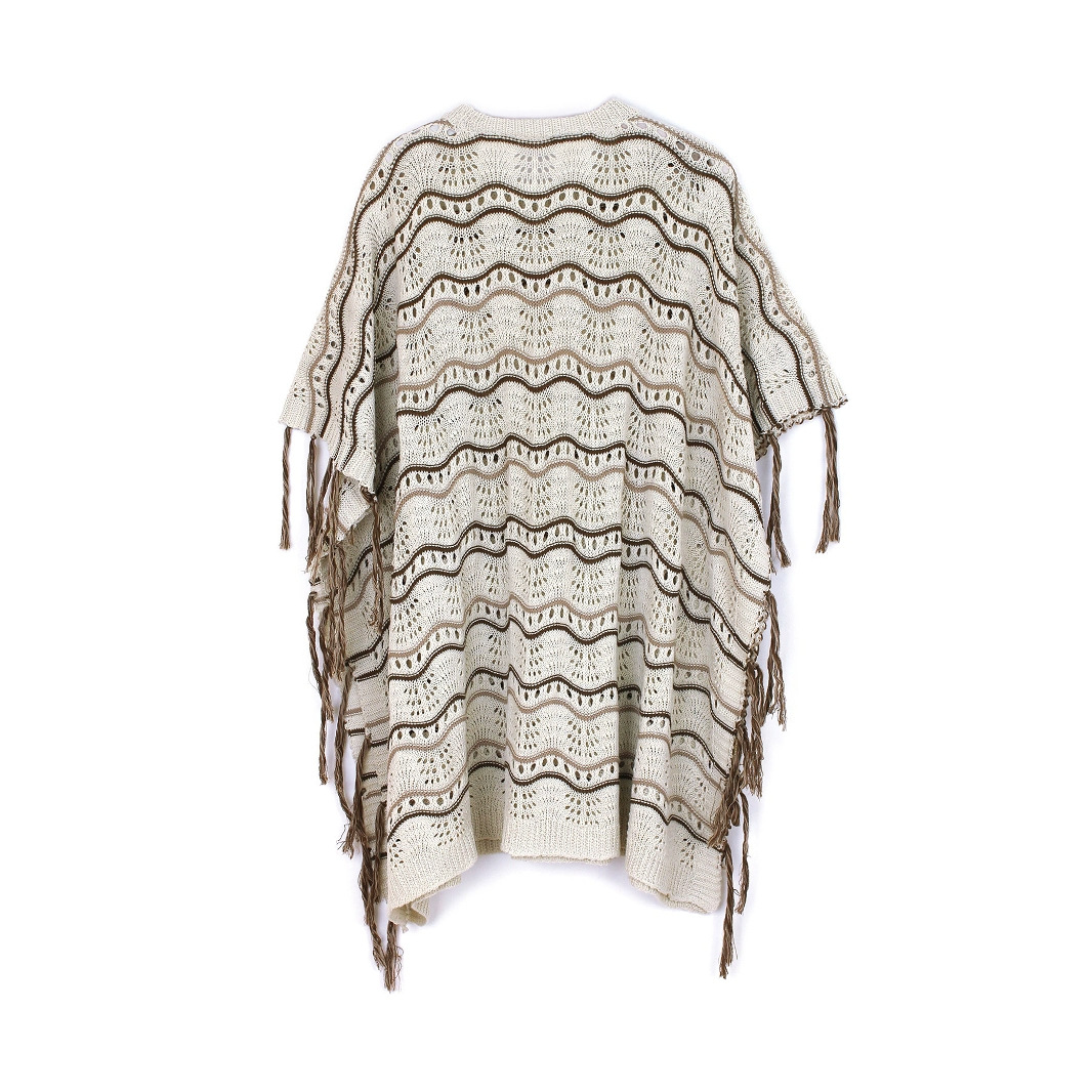 Elegant Beige Striped Lace Cardigan Oversized Mid Length Openwork Knit