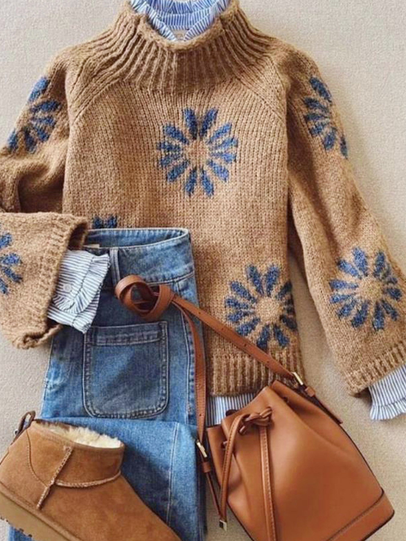 Knitted Sweater Floral Ribbed Pullover Women's Autumn Winter SSU-00095