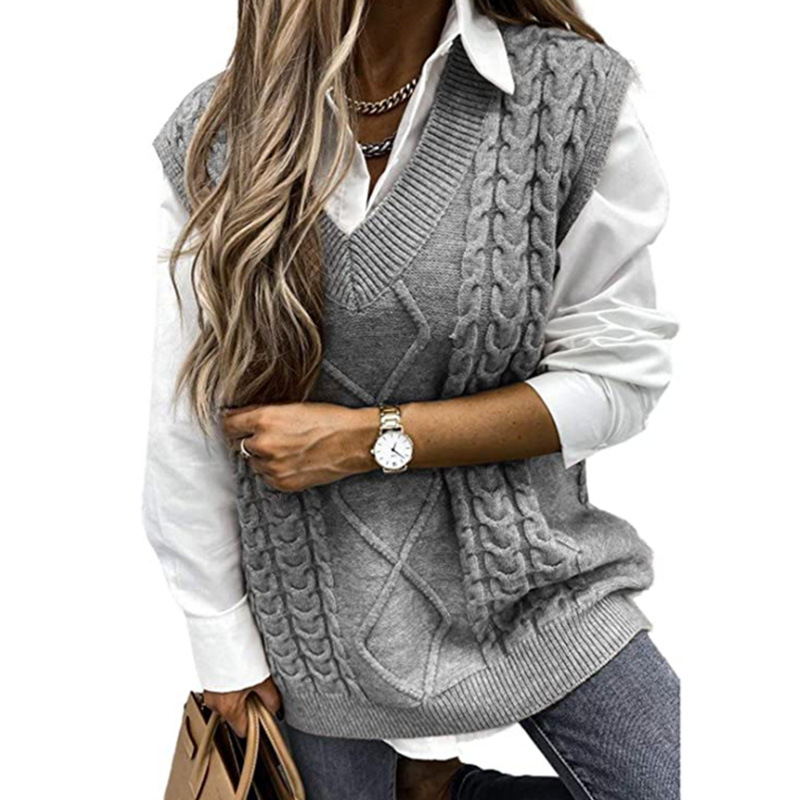 Cable Knit Sweater Vest Women's V Neck Sleeveless Cotton Blend SSU-00038