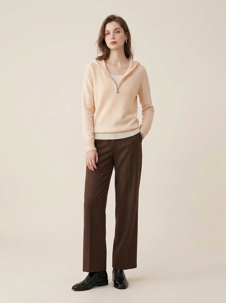 Women's Half-Zip Hooded Knit Sweater with Layered Hem