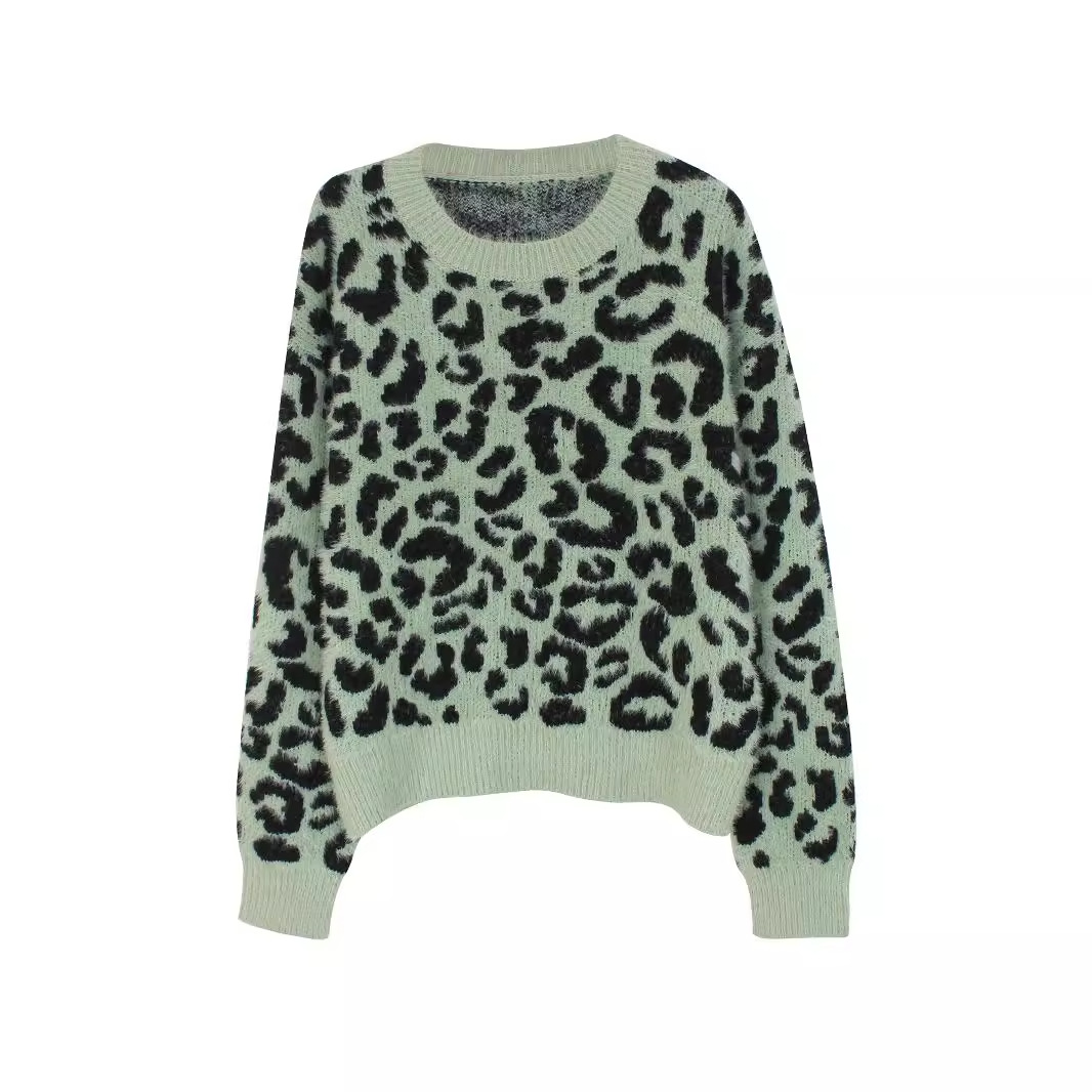 Women's Leopard Print Knit Sweater Long Sleeve Crewneck Pullover SSU-00010