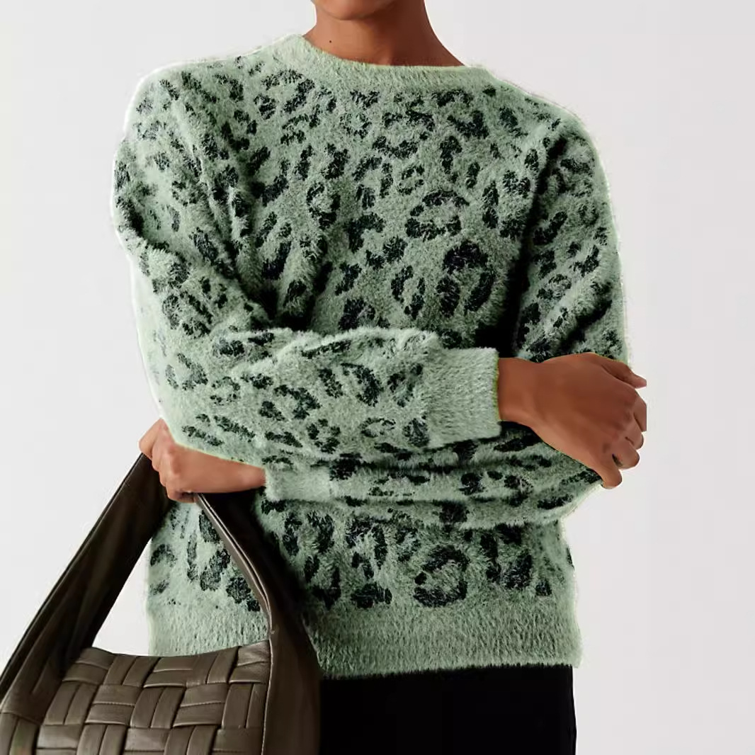 Women's Leopard Print Knit Sweater Long Sleeve Crewneck Pullover SSU-00010