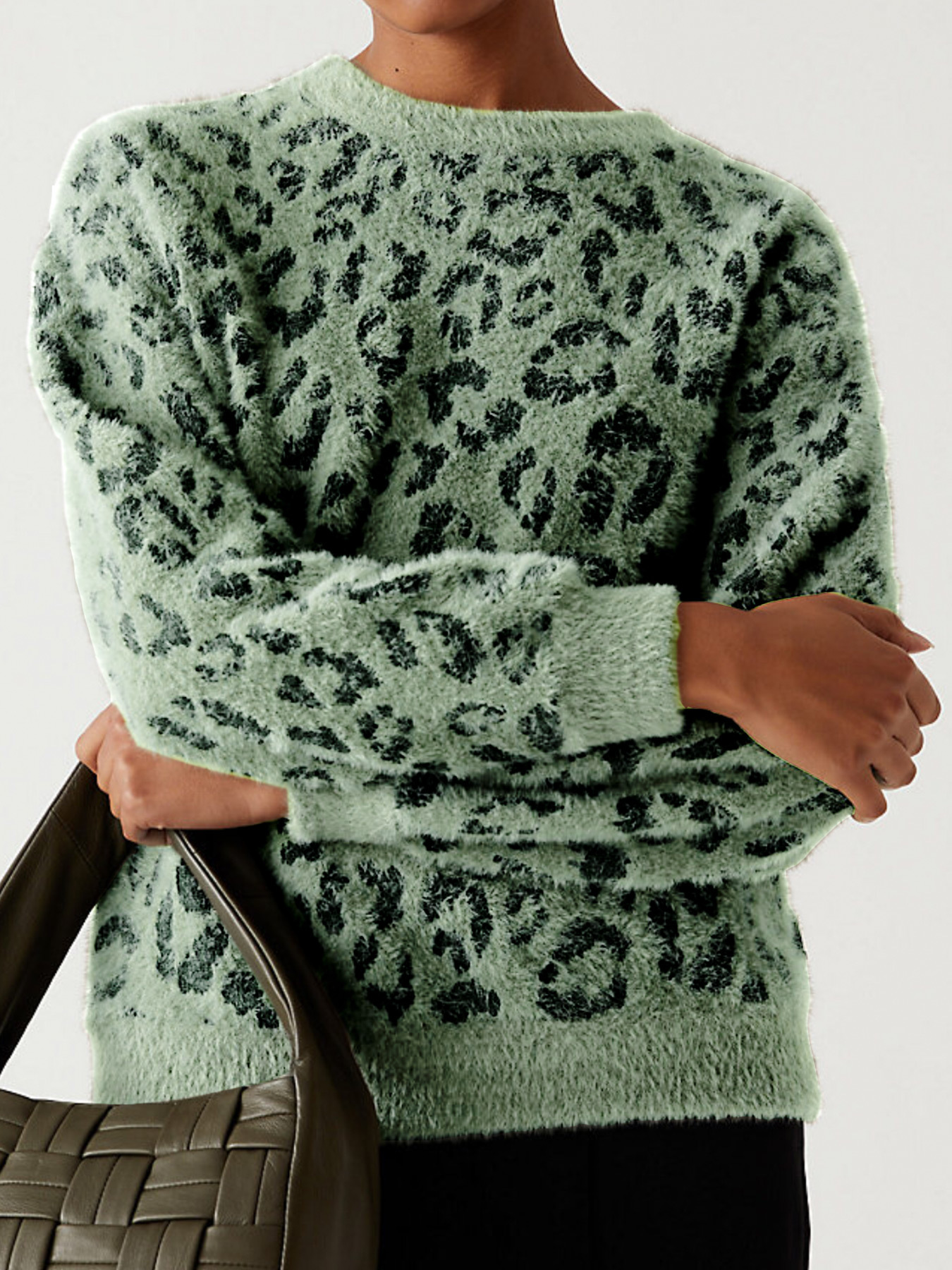 Women's Leopard Print Knit Sweater Long Sleeve Crewneck Pullover SSU-00010