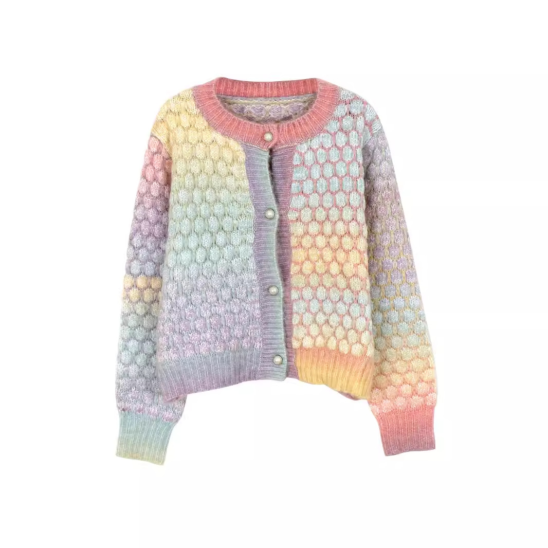 Rainbow Jacquard Cropped Knit Cardigan - Spring Autumn