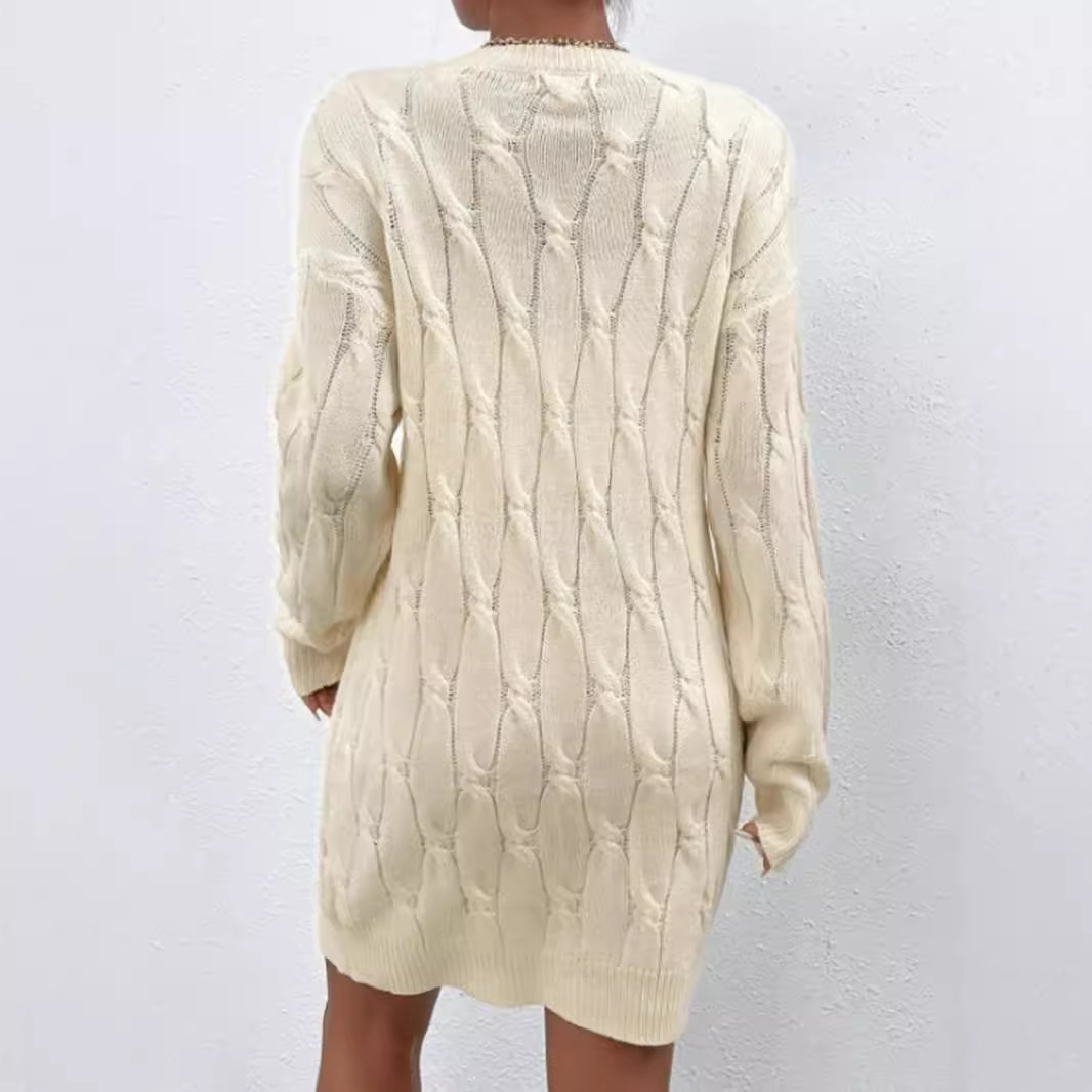 Linen Cable Knit Sweater Dress Long Sleeve Autumn Winter