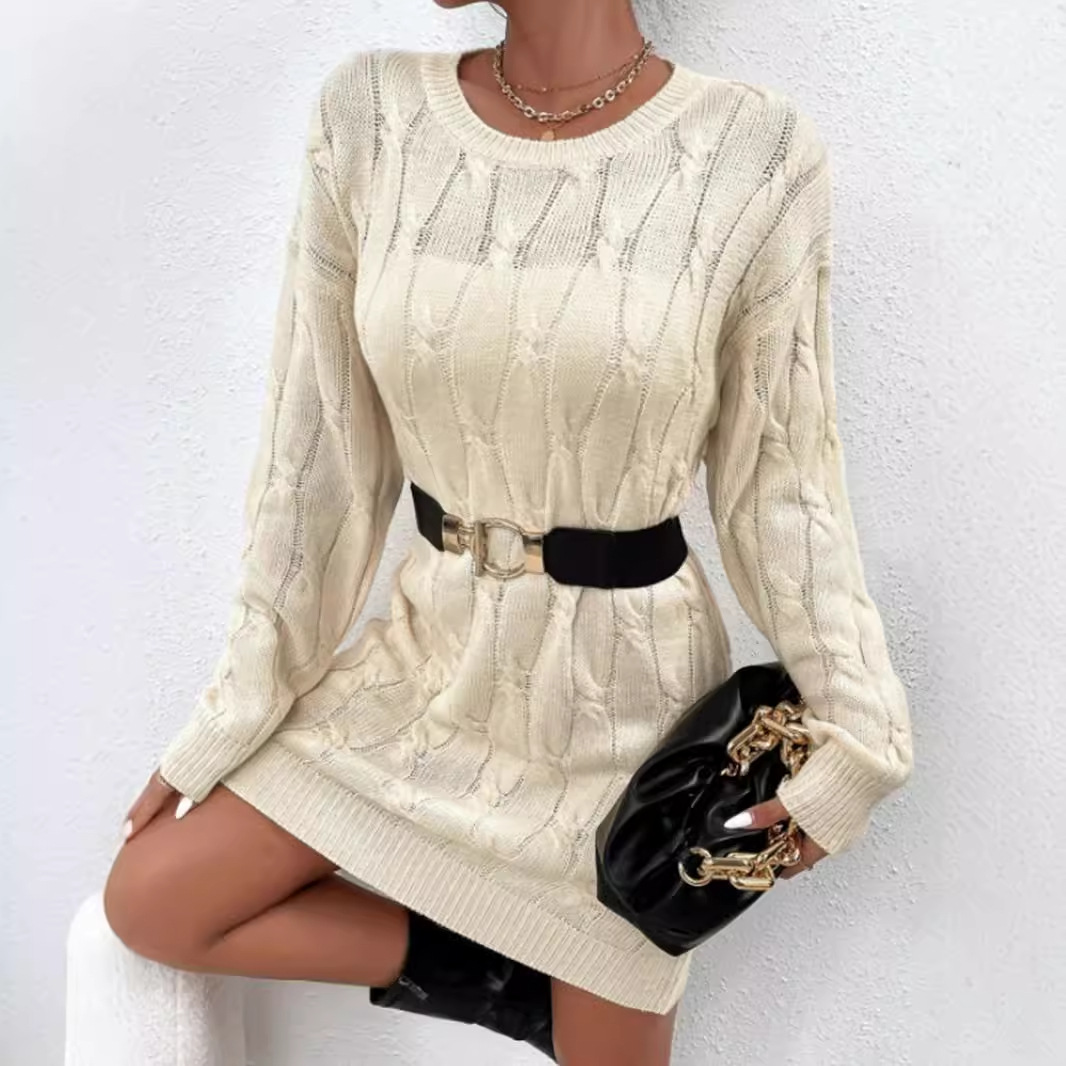Linen Cable Knit Sweater Dress Long Sleeve Autumn Winter