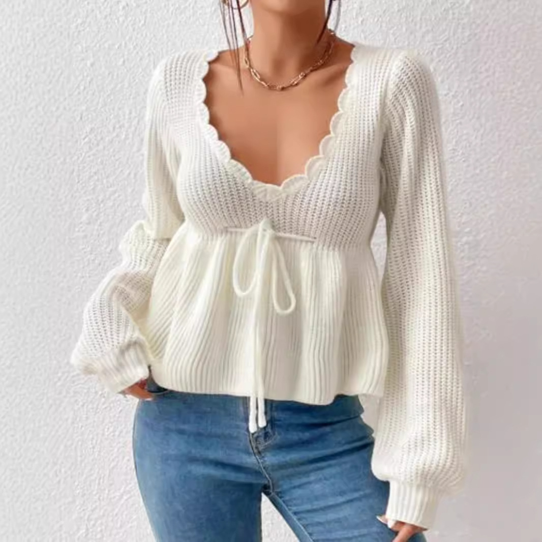 Cotton Knit Tie-Up Sweater - Spring Autumn Winter SSU-00023