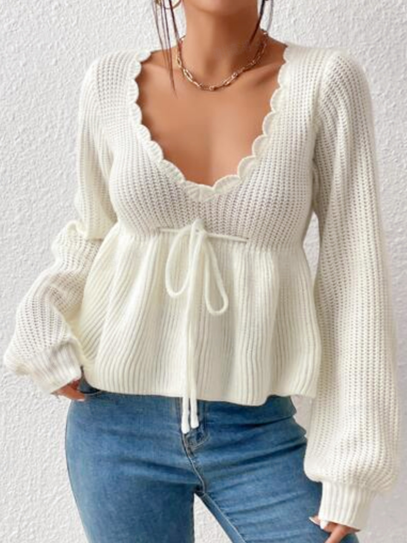 Cotton Knit Tie-Up Sweater - Spring Autumn Winter SSU-00023