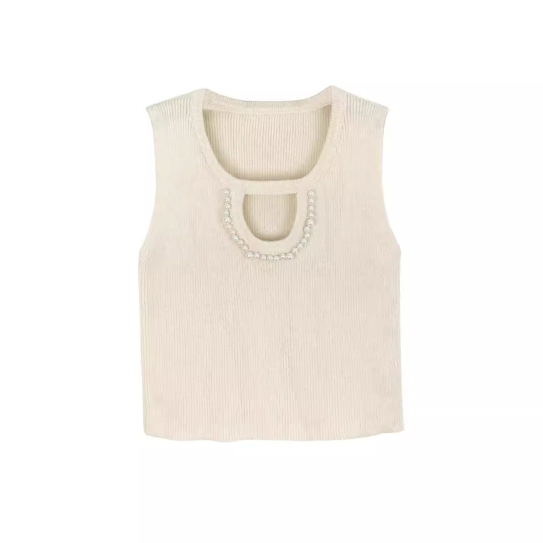 Lace Trim Pearl Tank Top - Slim Fit Summer Beach Vest SSU-00009