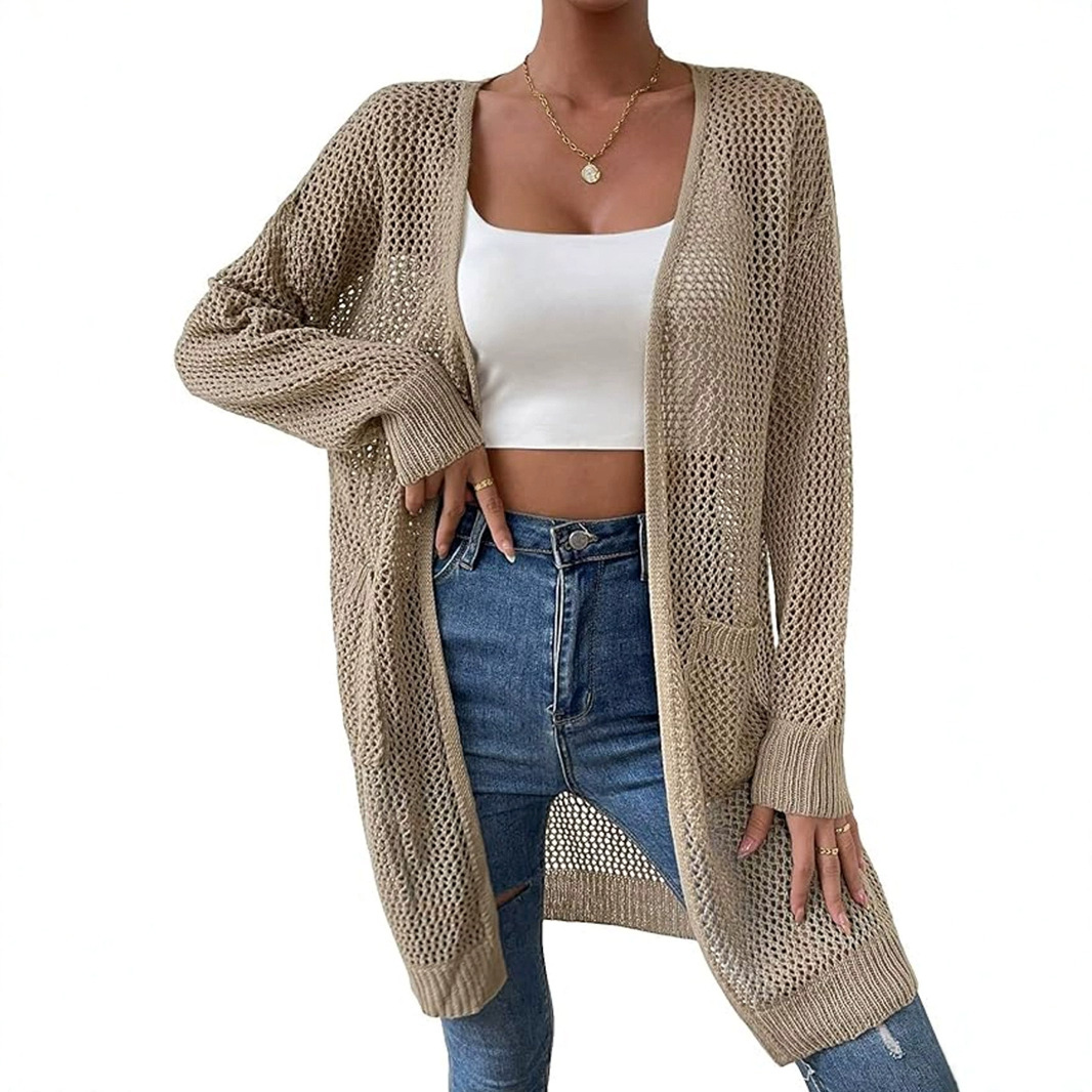 Women's Long Sleeve Knit Cardigan Hollow Out Beach Cover Up