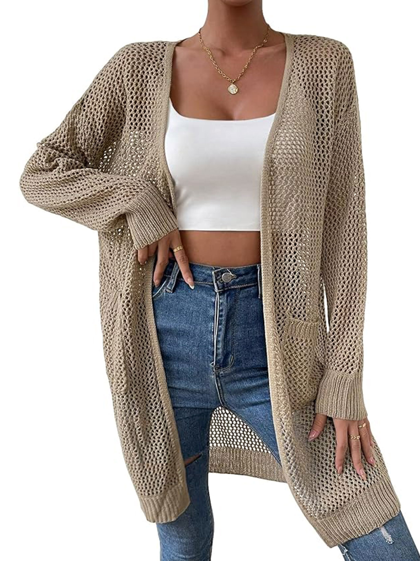 Women's Long Sleeve Knit Cardigan Hollow Out Beach Cover Up