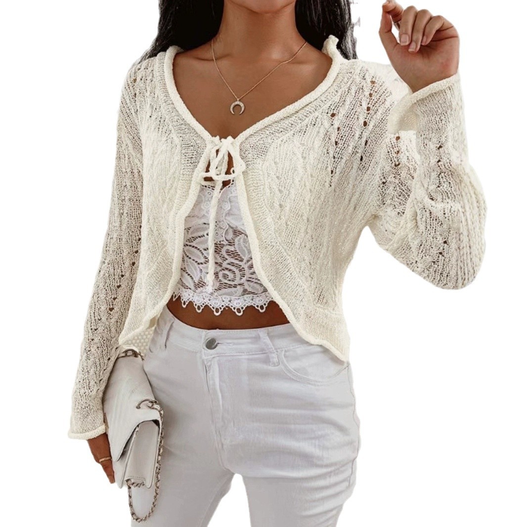 Crochet Knit Cardigan Cover-Up - Tie Front Beach Sweater
