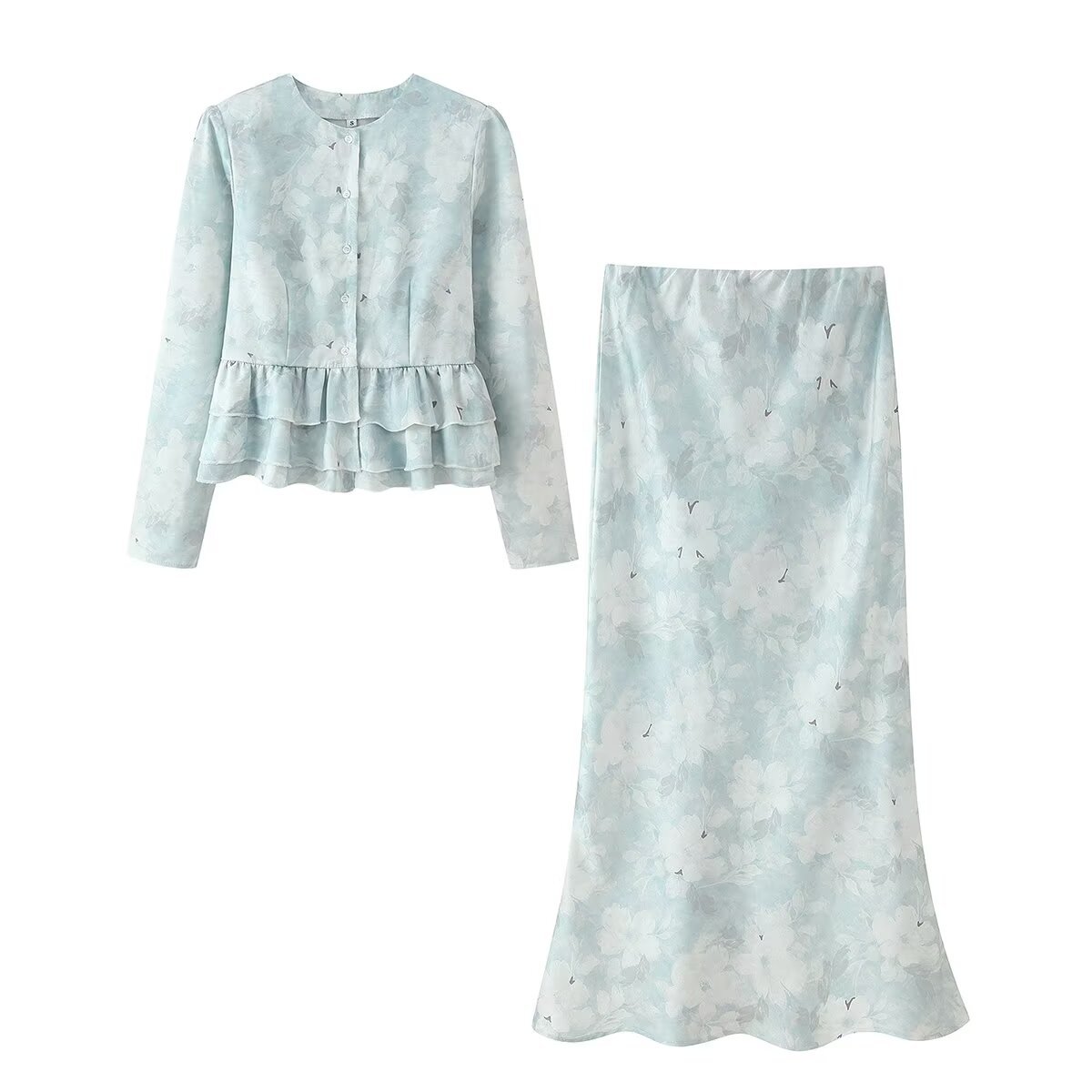 Conjunto de top de manga larga con volantes y falda con cintura elástica Zarz KUN-00030