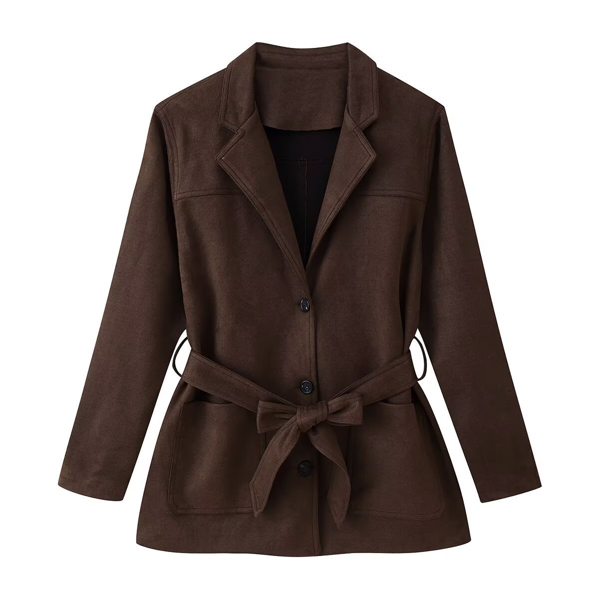 Faux Suede Belted Jacket - European Style KUN-00077