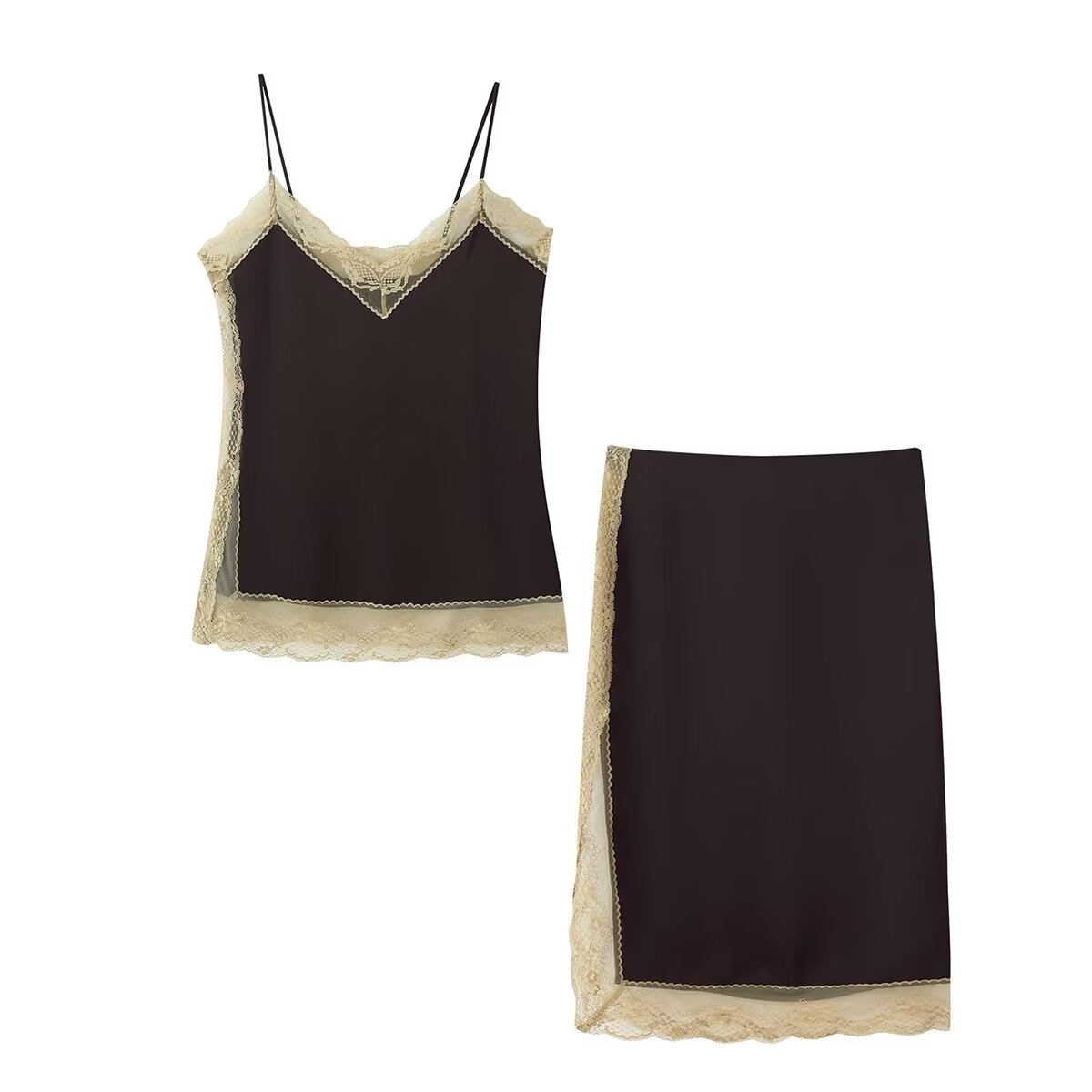 Satijnen kanten top en midi-rok set KUN-00078